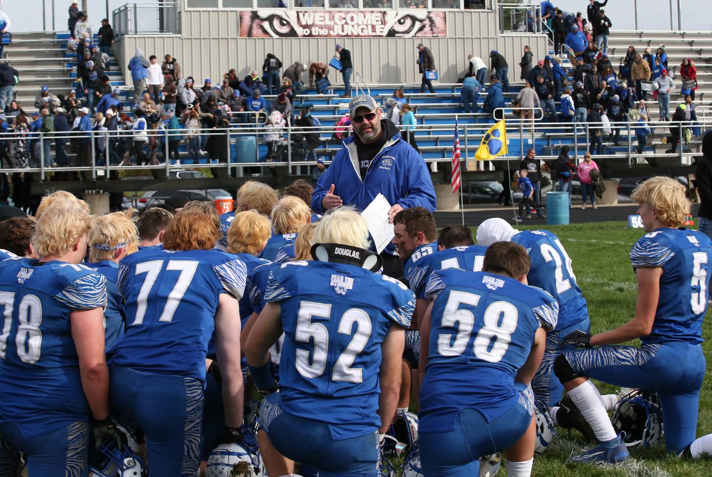 Princeton head football coach Ryan Pearson talks to his team after defeating Paxton-Buckley-Loda 44-7 in the Class 3A playoff game on Saturday, Oct. 28, 2023 at Bryant Field.