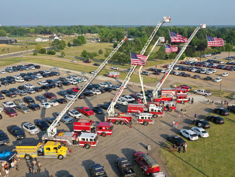 Firetrucks from Tonica, La Salle, Oglesby, Standard, Utica, La Salle and Peru attend the First Responder Appreciation Night during the Illinois Valley Pistol Shrimp baseball game at Schweickert Stadium on Tuesday, June 20, 2023 in Peru.