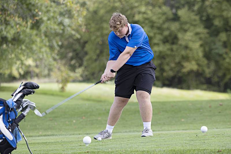 Princeton’s Luke Smith tees off on #1 Wednesday, Sept. 27, 2023 during the class 2A golf regionals at Deer Valley Country Club.