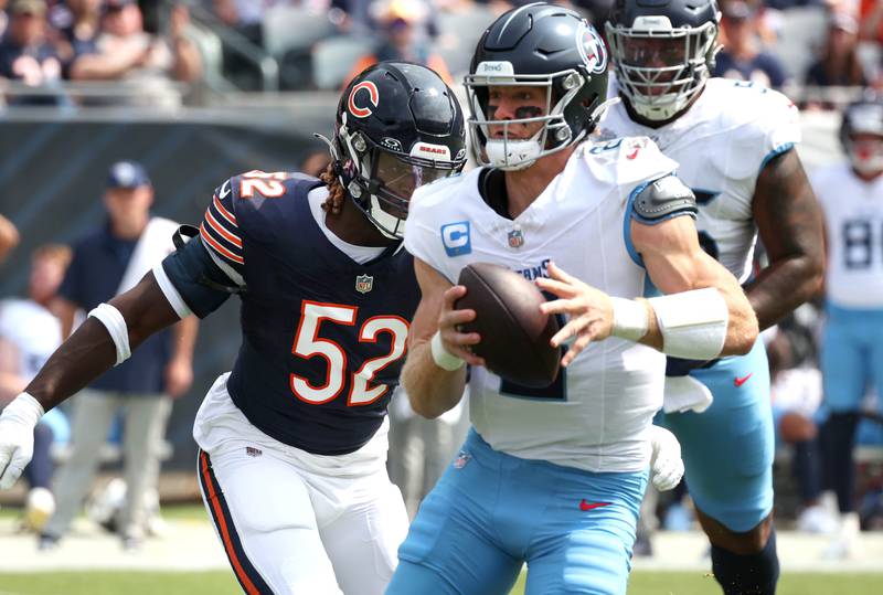 Chicago Bears defensive end Darrell Taylor sacks Tennessee Titans quarterback Will Levis during their game Sunday, Sept. 8, 2024, at Soldier Field in Chicago.