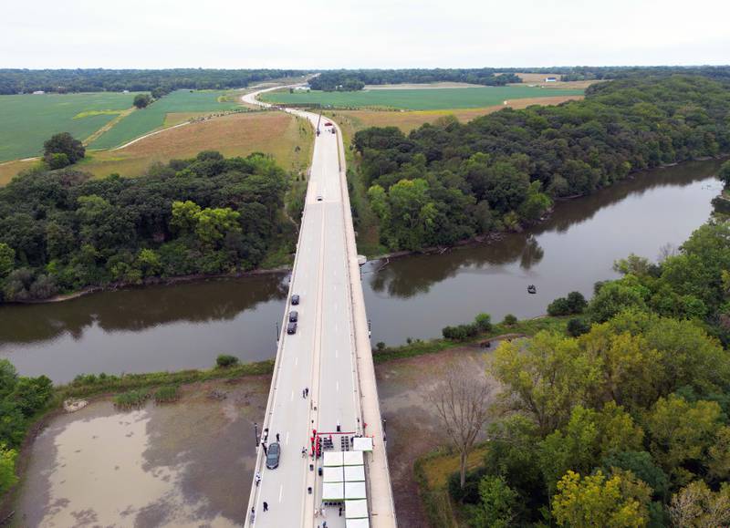 Crews prepare for ribbon cutting for the long awaited opening of Longmeadow Parkway over the Fox River Thursday, Aug. 29, 2024 in Algonquin.