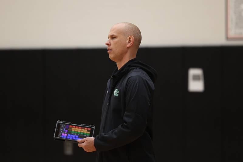 Providence head coach Lee Rucinski stands on the sidelines during the match against Lincoln-Way West on Wednesday, April 3, 2024 in New Lenox.