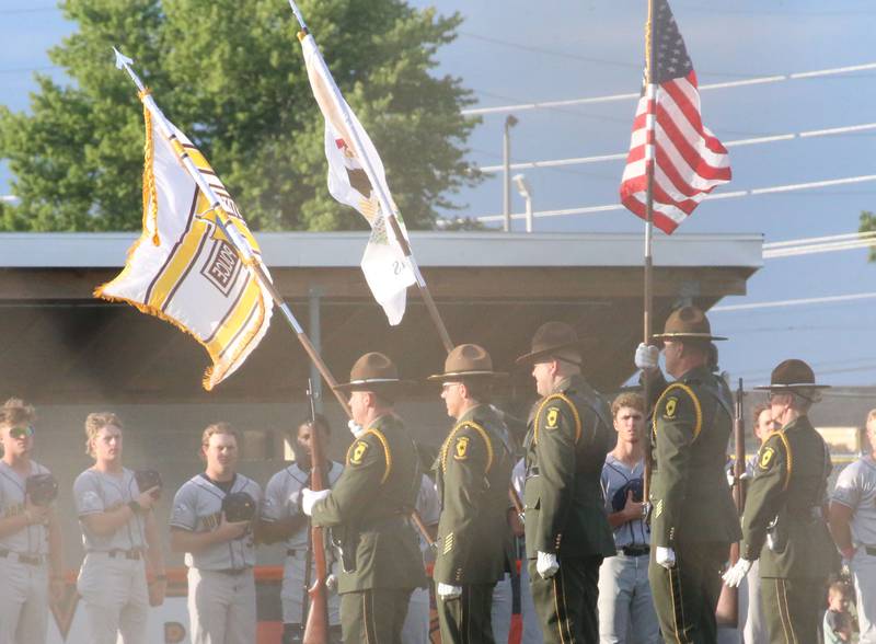 The Illinois State Police Color Guard present the colors before  the Illinois Valley Pistol Shrimp game during first responder night on Tuesday, June 11, 2024 at Schweickert Stadium in Peru.