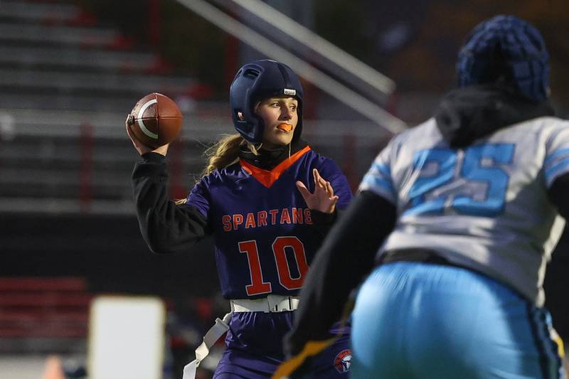 Romeoville’s Jenna Jarmus passes against Hillcrest in the Rich Township Sectional semifinal on Tuesday, Oct. 15, 2024 in Richton Park.