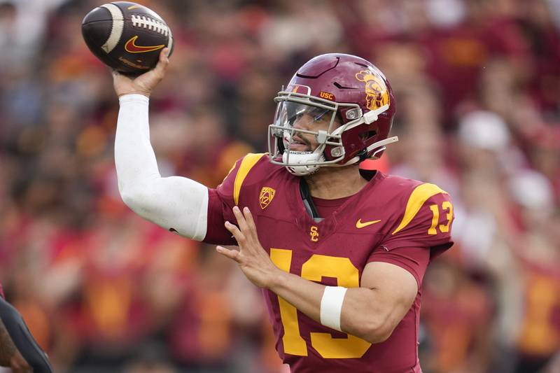 USC quarterback Caleb Williams throws during the first half against UCLA in Los Angeles, Saturday, Nov. 18, 2023.