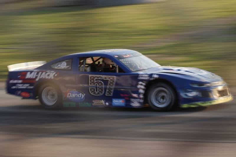 Jonathan Stevens rounds a turn in the Street Stock heat race on a special fundraising night for the Special Olympics at Grundy County Speedway on June 15, 2024 in Morris.