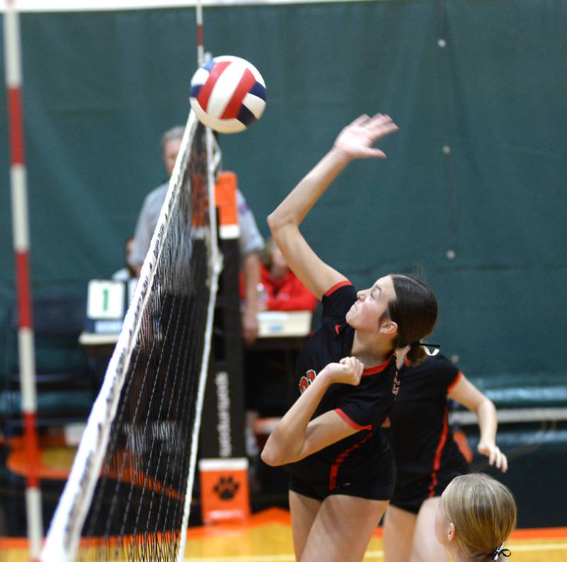 Fulton's Chloe Wilkin spikes during Saturday, Sept. 14, 2024 action at the Varsity Power Classic Tournament at Byron High School.