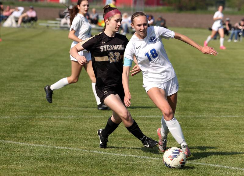 Sycamore's Hannah Raetzke and Woodstock's Lily Novelle go after the ball during their Class 2A regional semifinal game Wednesday, May 15, 2024, at Kaneland High School in Maple Park.