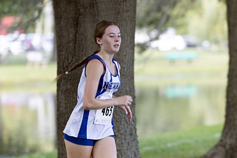 Newman’s Sophia McCoy heads for the finish Tuesday, Sept. 12, 2023 during the Twin Cities Cross Country Meet at Centennial Park in Rock Falls.