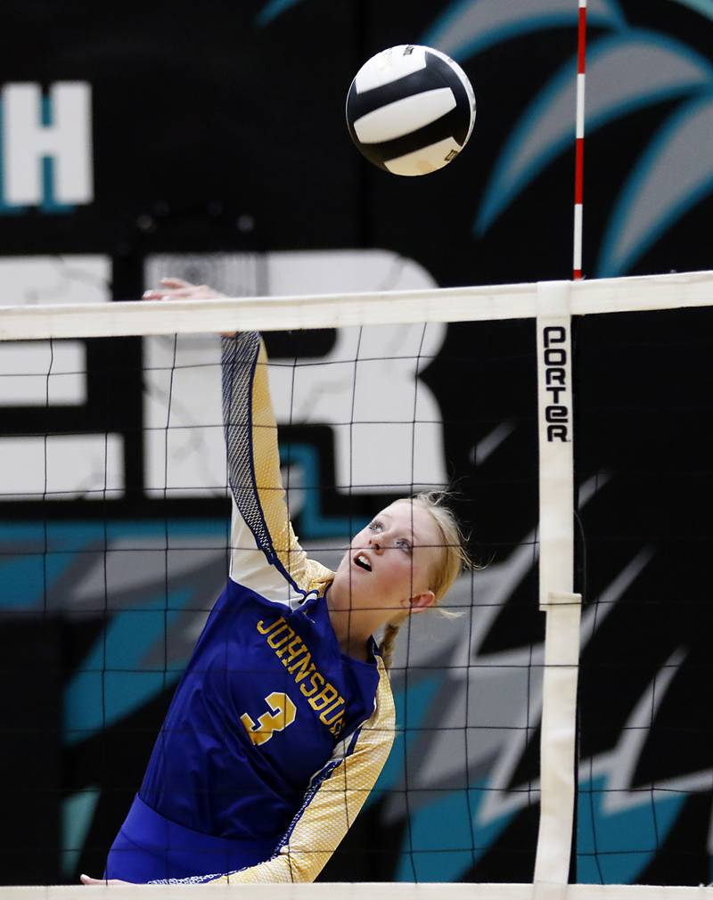 Johnsburg's Alexis Sweetwood tires to hit the ball down the line during a Kishwaukee River Conference volleyball match against Woodstock North on Wednesday, Sept. 4, 2024, at Woodstock North High School.