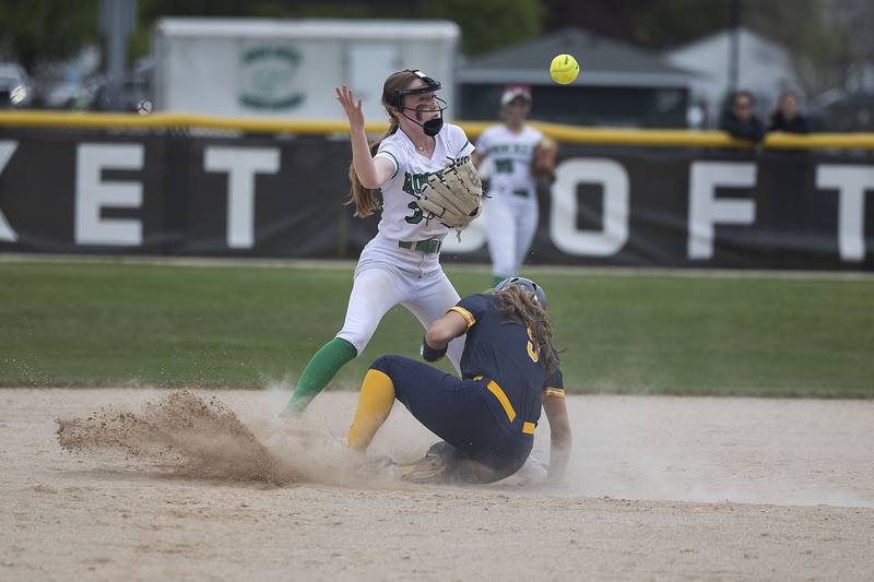 Rock Falls’ Jeslyn Kreuger can’t hold onto the throw at second against Sterling Friday, May 5, 2023.
