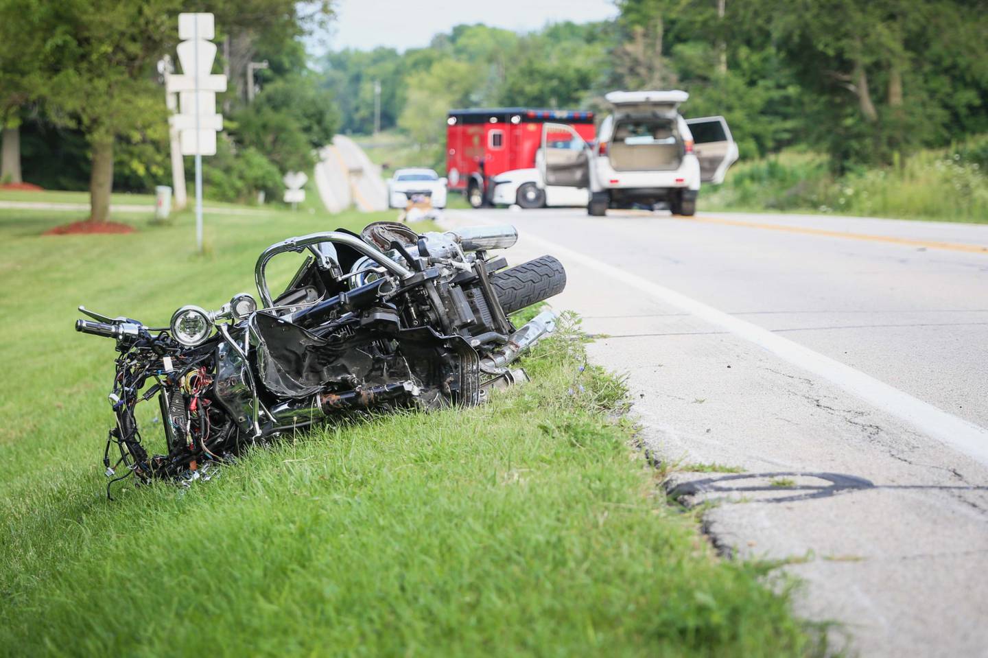 The Marengo Fire & Rescue Districts responded Saturday, Aug. 5, 2023, Kishwaukee Valley and South Menge roads near Marengo for crash involving a motorcycle and SUV. One person on the motorcycle was killed.