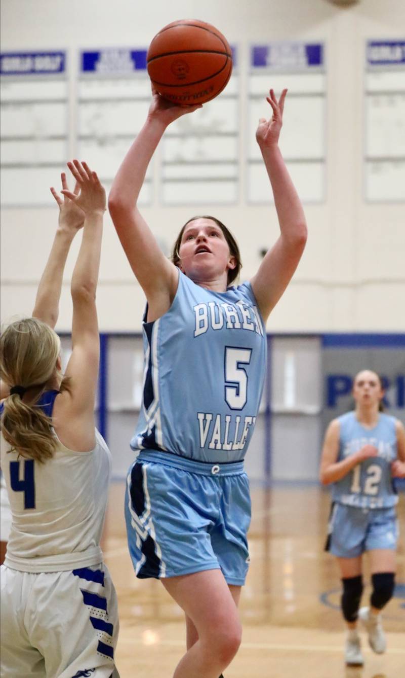 Bureau Valley's Kate Salisbury fires over Princeton's Erin May Thursday night at Prouty Gym. The Tigresses won 48-34.