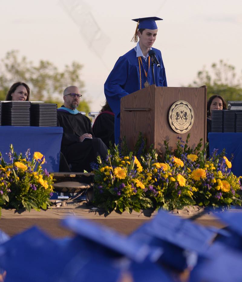 Lyons Township Student Council President Jack Micaletti gives a student address speech during the graduation ceremony Wednesday May 29, 2024.