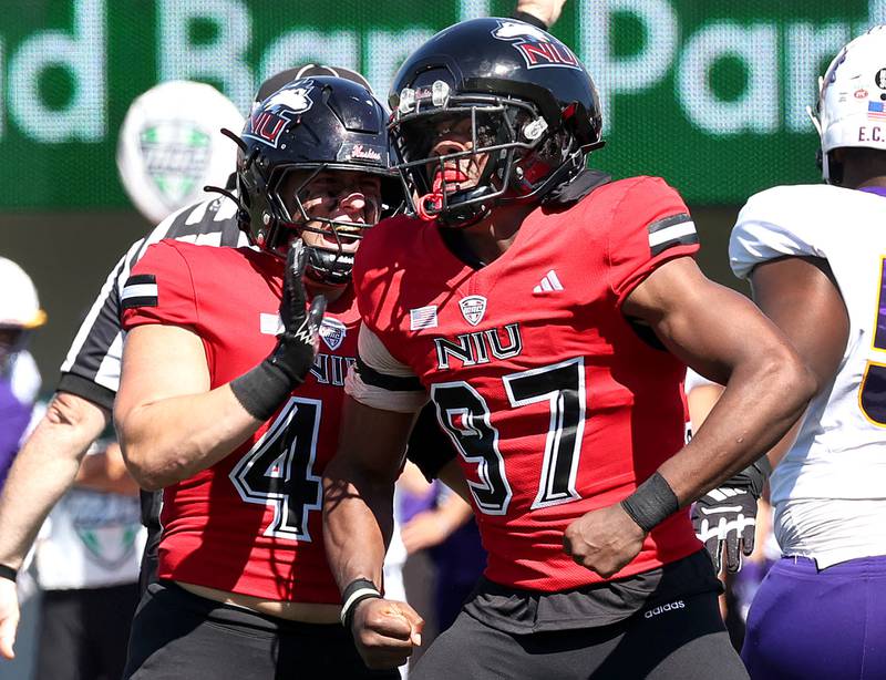 Northern Illinois' Roy Williams celebrates after sacking the Western Illinois quarterback during their game Saturday, Aug. 31, 2024, in Huskie Stadium at NIU in DeKalb.