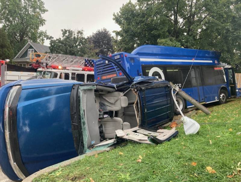 APace bus collided with an SUV Friday, Oct. 3, 2023, at Cora Street and Ingalls Avenue in Joliet. Two people were freed from the SUV.