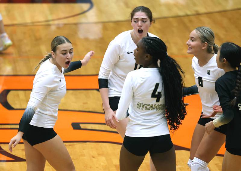 Sycamore players celebrate a point during their match against DeKalb Wednesday, Aug. 28, 2024, at DeKalb High School.