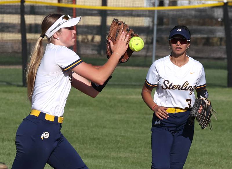 Sterling's Olivia Melcher can’t make the catch after a long run during their Class 3A sectional semifinal against Prairie Ridge Wednesday, May 29, 2024, at Sycamore High School.