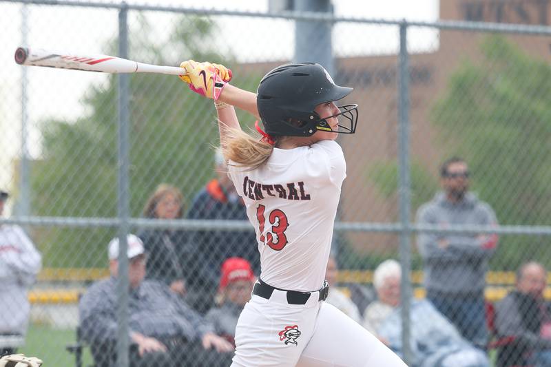 Lincoln-Way Central’s Lisabella Dimitrijevic connects for a double against Lincoln-Way West on Tuesday, May 14, 2024 in New Lenox.