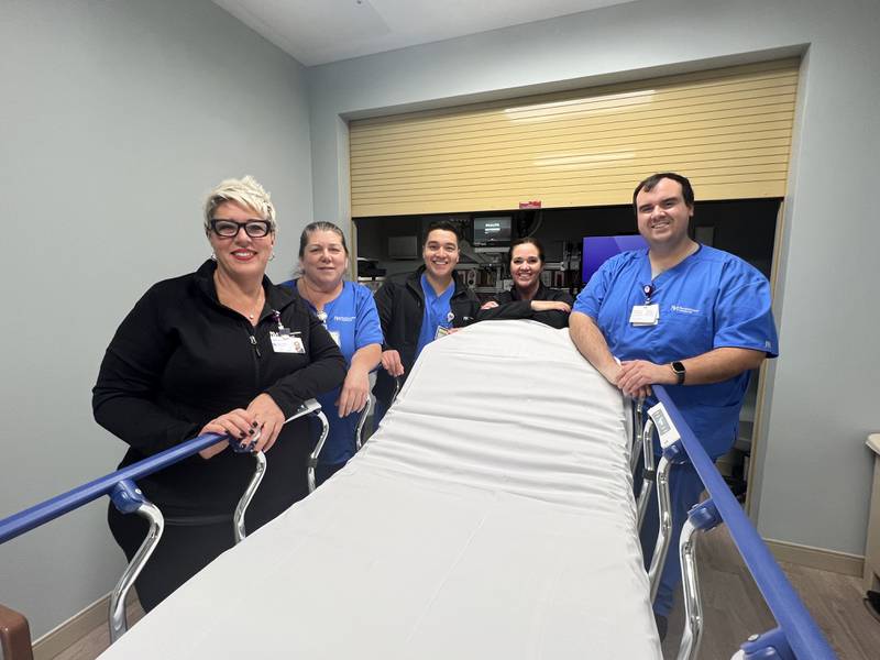 Northwestern Medicine Delnor Hospital in Geneva renovated four new emergency department rooms to create additional spaces for behavioral health treatments to care for these patients. Staff for the new rooms are nurses Rosemarie Nolazco, (left) Jennifer Leclercq, Misael Contreras, Jodi Zook and Justin Farmer.