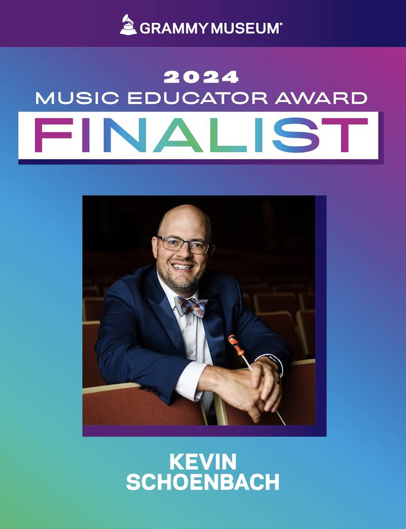 Oswego High School Associate Band Director Kevin Schoenbach has been named as a top 10 finalist for the 2024 Music Educator Award presented by the Recording Academy and Grammy Museum.