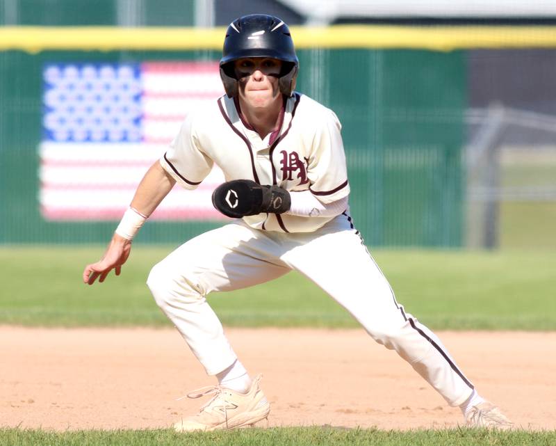 Prairie Ridge’s Brennan Coyle gets a lead off of first base against Woodstock North in Class 3A Regional baseball action at Cary Thursday.