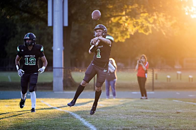 Rock Falls’ Easton Canales fires a pass against Stillman Valley Thursday, August 31, 2023 during a game at Rock Falls High School.