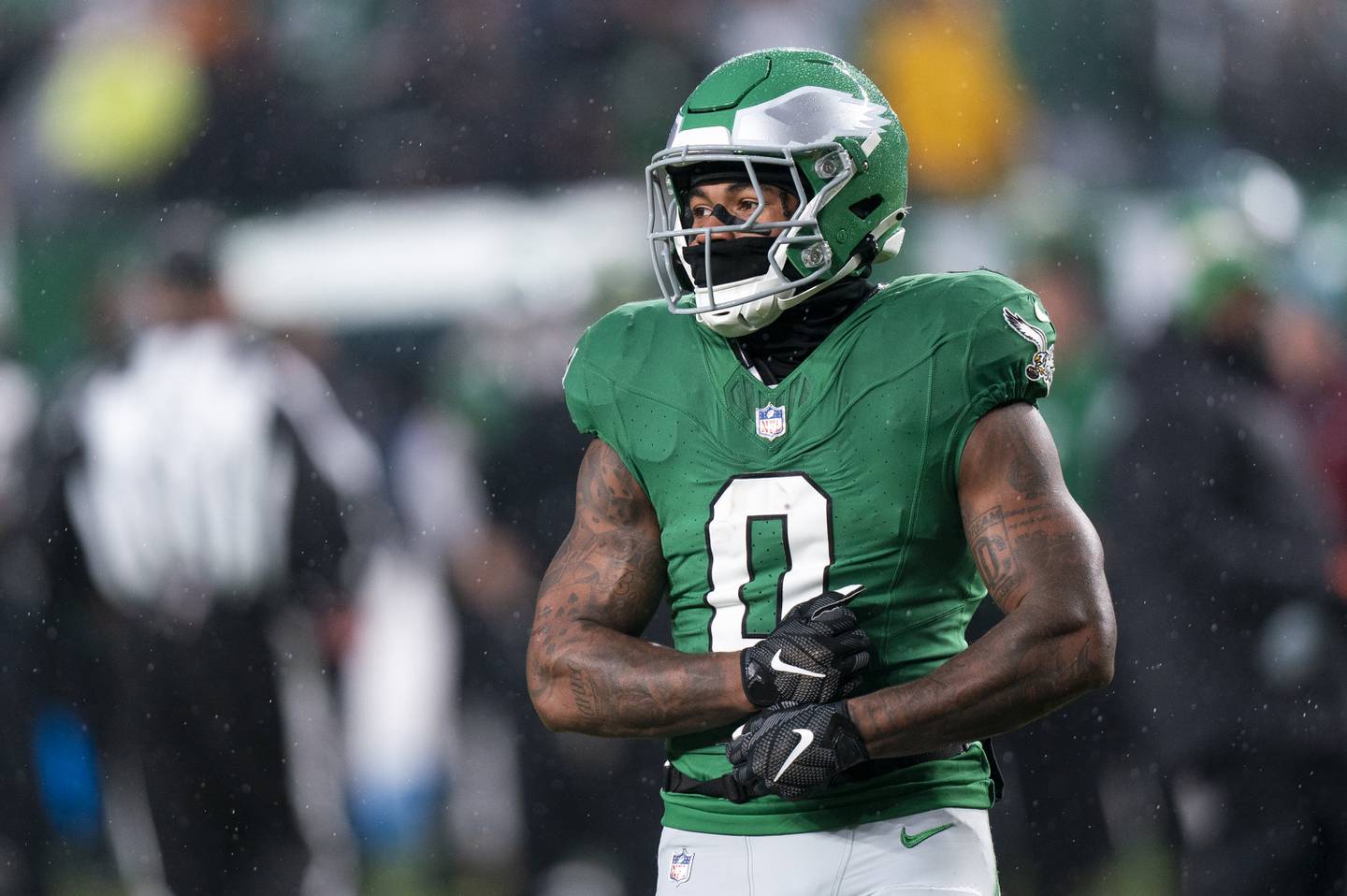 Philadelphia Eagles running back D'Andre Swift looks on during a game against the Buffalo Bills, Sunday, Nov. 26, 2023, in Philadelphia.