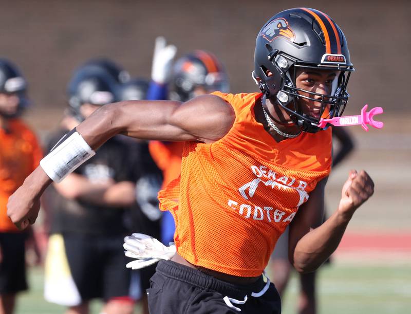 Dekalb’s Davon Grant sprints upfield Monday, Aug. 12, 2024, at the school during the first practice of the regular season.