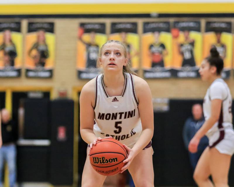 Montini Catholic's Victoria Matulevicius (5) shoots a free throw during Class 3A Hinsdale South Regional final game between Glenbard South at Montini Catholic.  Feb 17, 2023.