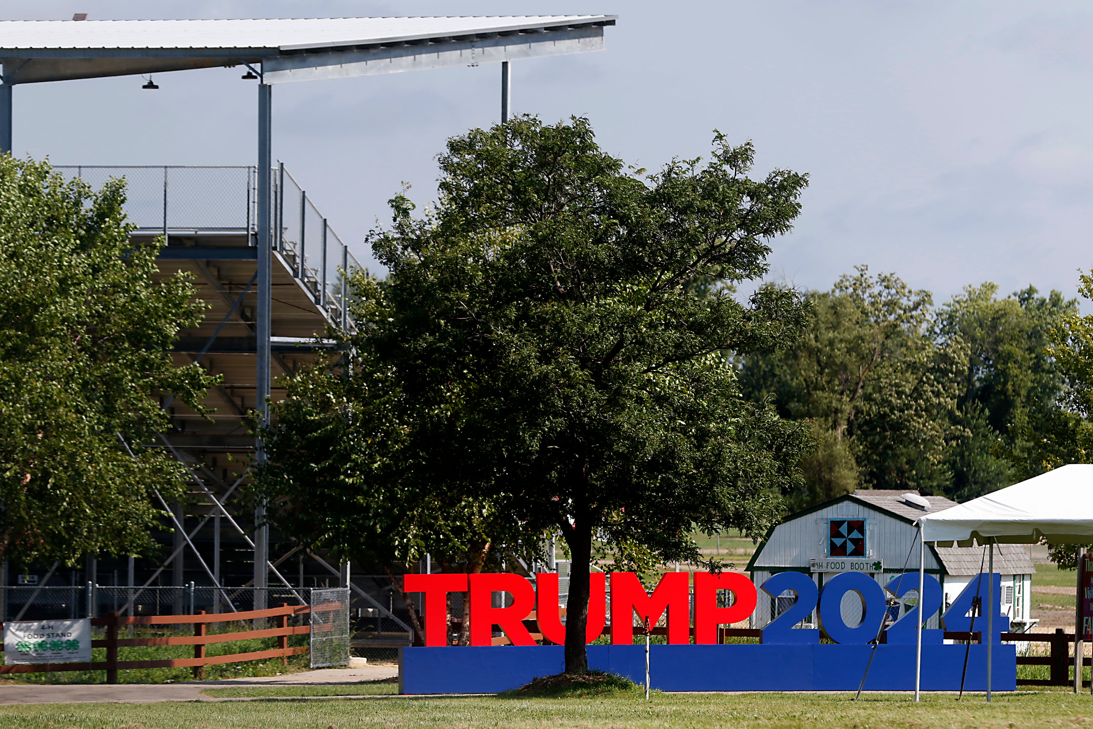 A “Trump 2024” sign by the grandstand at the McHenry County Fairgrounds on Friday, Aug. 16, 2024, as the grounds are prepared for the  Trump Now-Save the American Dream Rally on Sunday.