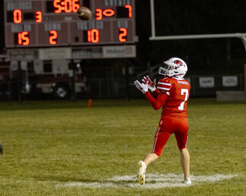 Matt Williamson of Streator goes deep downfield to make the catch thus picking up a huge yardage gain and the first down at Doug Dieken Field on October 18, 2024.