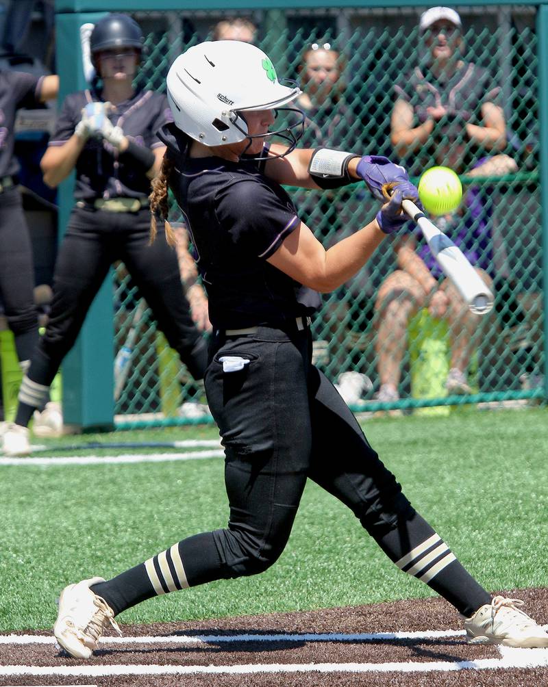 Serena's RayElle Brennan makes contact during their Class 1A Illinois Wesleyan Supersectional contested Monday, May 27, 2024, on Inspiration Field at Carol Willis Park in Bloomington.