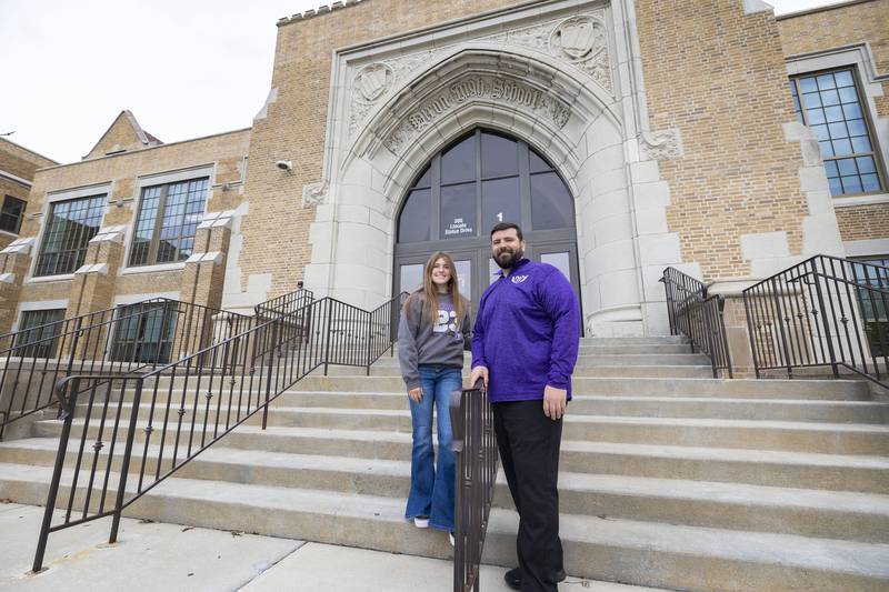 Dixon High School senior Hannah Lengquist and Pathways program instructor Brandon Woodward stand outside of the school Thursday, April 20, 2023. The program helps students who are looking for careers in education.