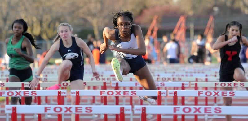 Rockford Guilford's Anna Jones wins the 100 Meter Hurdles during the Matt Wulf Track and Field Invitational at Yorkville High School on Friday, April 12, 2024.