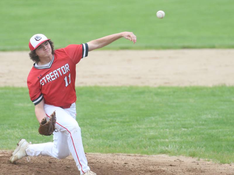 Streator pitcher Jake Hagie lets go of a pitch to Ottawa on Tuesday, May 14, 2024 at Streator High School.