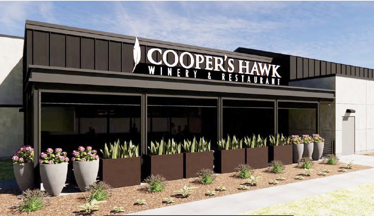 Illustration of a Cooper's Hawk winery and restaurant proposed for development overlooking the Route 30 and Route 34 intersection in Montgomery's Ogden Hill shopping center. (illustration provided by the village of Montgomery)