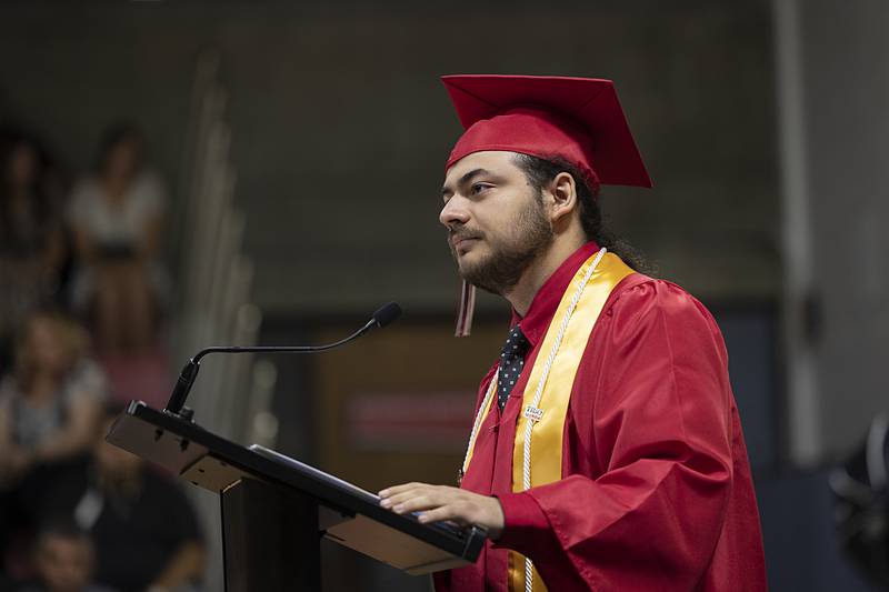 Student speaker Michael Jenkins tells his story Friday, May 10, 2024 during SVCC’s 2024 commencement ceremony.