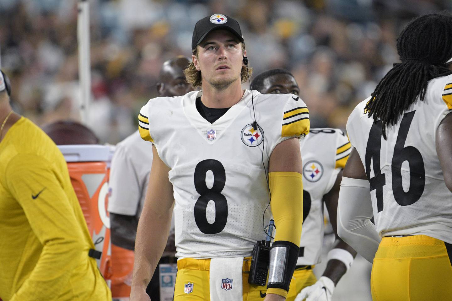 Pittsburgh Steelers quarterback Kenny Pickett (8) watches from the sideline during the second half of a preseason NFL football game against the Jacksonville Jaguars, Saturday, Aug. 20, 2022, in Jacksonville, Fla. (AP Photo/Phelan M. Ebenhack)