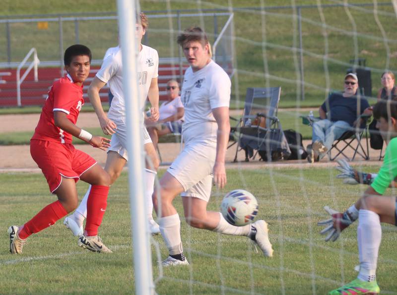 Ottawa's Michael Bedolla's kick goes into the net for the second goal against Kaneland on Wednesday, Sept. 11, 2024 at King Field.