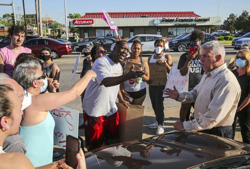 Peaceful protestors speak with Mayor Bob O'Dekirk and members of the city council Tuesday, June 2, 2020 about O'Dekirk's use of force against a protestor who he claimed used force against him.