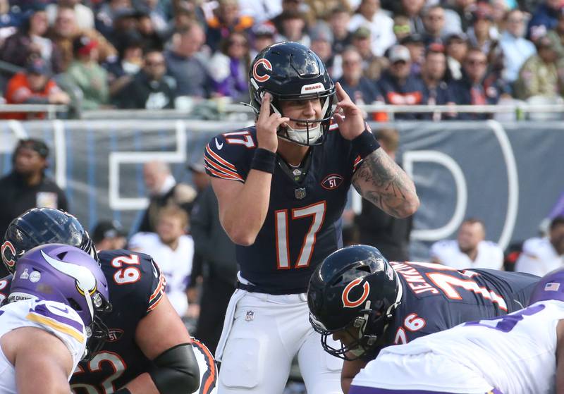 Chicago Bears quarterback Tyson Bagent communicates to the offensive line before snapping the ball against the Minnesota Vikings on Sunday, Oct. 15, 2023 at Soldier Field.