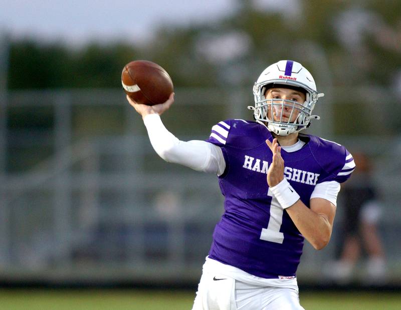 Hampshire’s Ryan Prowicz passes against Jacobs in varsity football on Friday, Sept. 6, 2024, at Hampshire School in Hampshire.