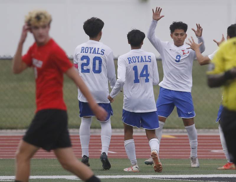 Larkin's David Terrones (right) celebrate his goal with his teammates during a nonconference soccer match a\against Huntley on Thursday, Sept. 5, 2024, at Huntley High School.