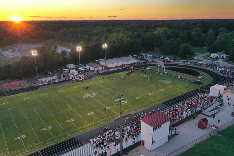 An aerial photo of Doug Dieken Stadium as the sun sets during the 103rd meeting between Ottawa and Streator football. The first played on Nov. 3, 1894.