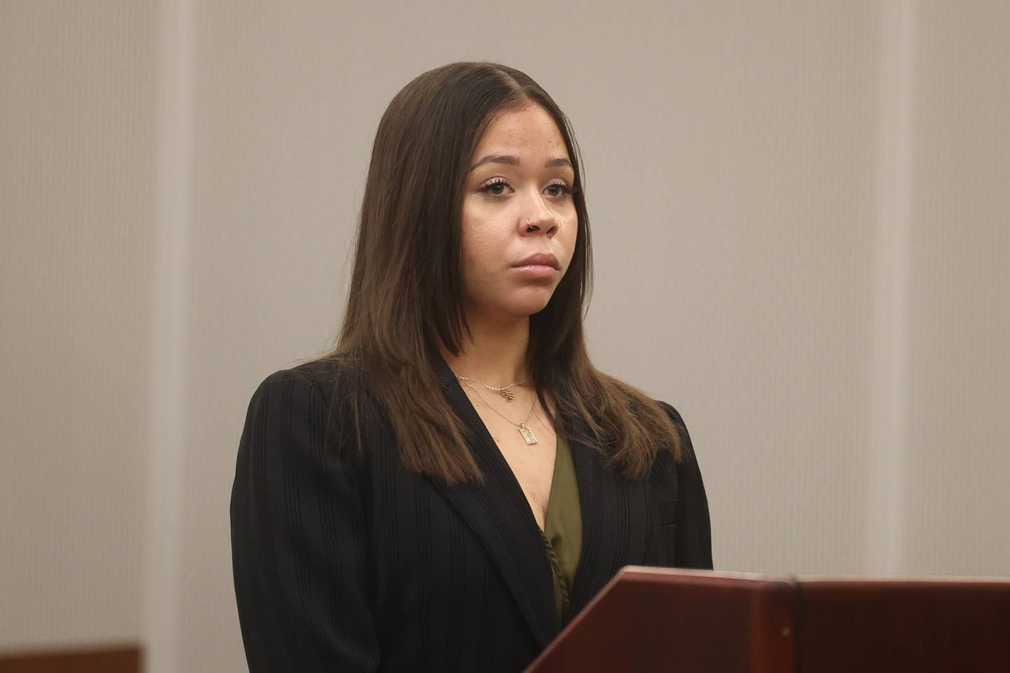 Kyleigh Cleveland-Singleton, 21, appears in the Will County Courthouse in Joliet on Thursday, Feb. 8, 2024, for an arraignment on a charge of obstruction of justice. The charge alleges she obstructed justice in the investigation and arrest of her boyfriend, Romeo Nance, 23, the suspect in the Jan. 21 mass shooting in Joliet, according to police.