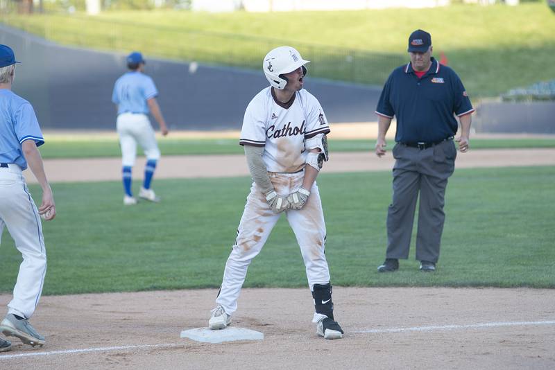 Joliet Catholic’s Luka Radicevich celebrates a run scoring triple against Columbia Friday, June 3, 2022 during the IHSA Class 2A baseball state semifinal.