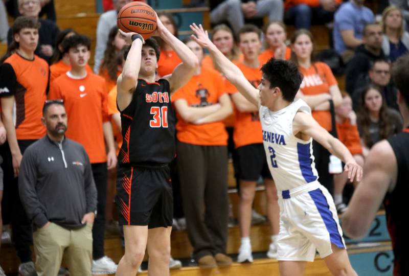 Wheaton Warrenville South’s Luca Carbonaro shoots three points during a Class 4A Willowbrook Regional semifinal game against Geneva on Wednesday, Feb. 21, 2024.