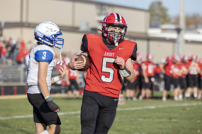 Amboy’s Landon Whelchel crosses the goal line in the second quarter of the Clippers’ first round playoff game Saturday, Oct. 29, 2022 against Blue Ridge.