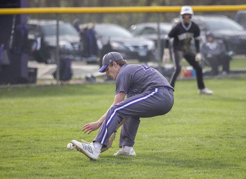 Dixon’s Max Clark comes off the mound to play a ball against Rock Falls Monday, April 22, 2024 in Dixon.